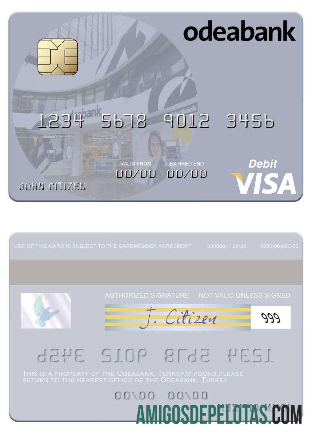 Cartão de débito Visa Odeabank da Turquia exemplo real